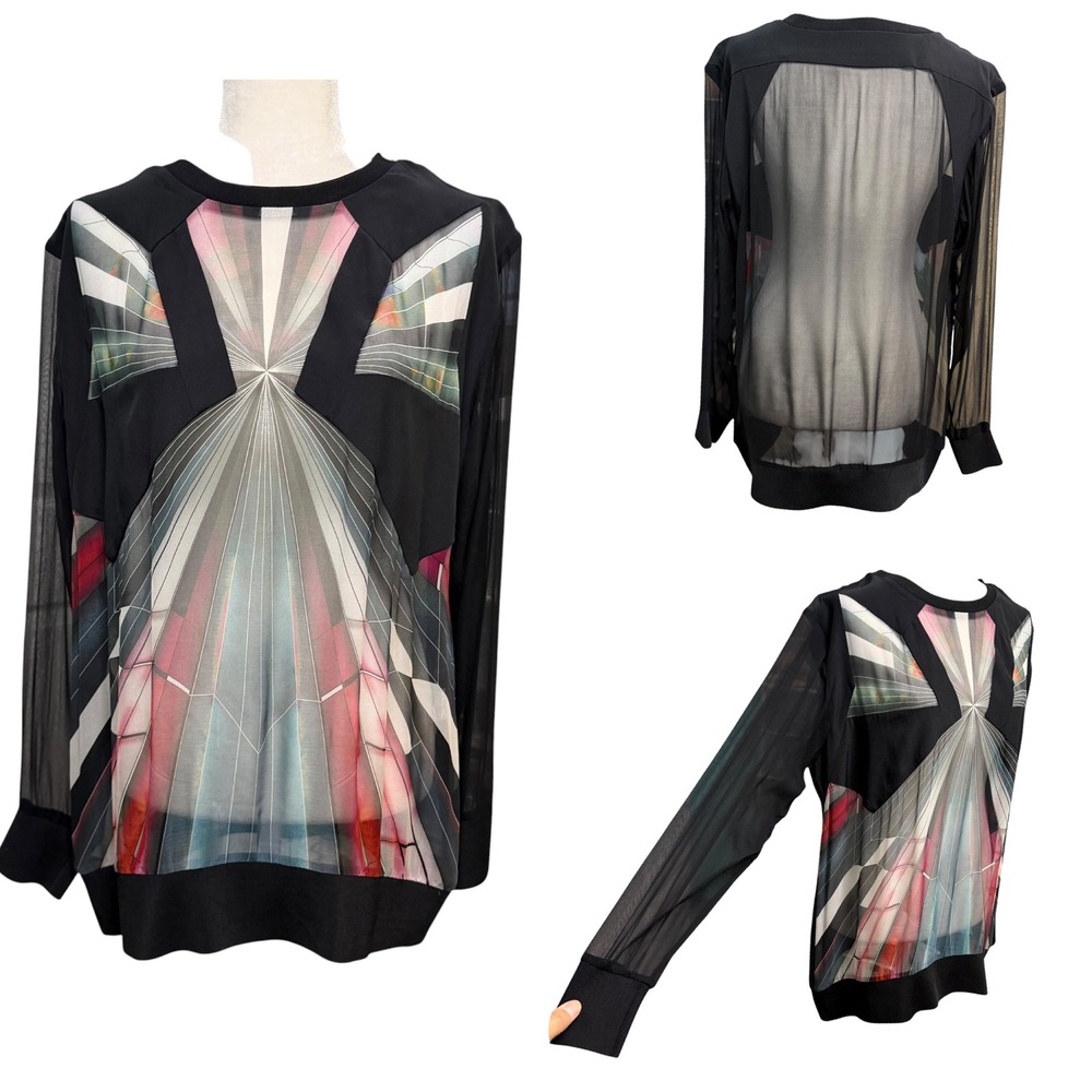 IRO Top Women 42 Geometric Abstract Sheer 100% Silk Mesh Sleeve Black Layering
